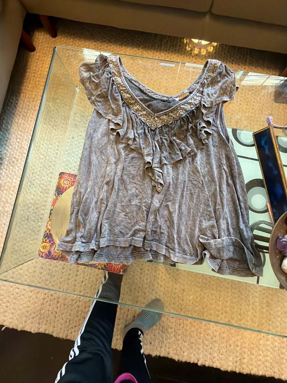 Anama Blouse Size S Gray Ruffled Lace Trim Cap Sleeve Tunic Top